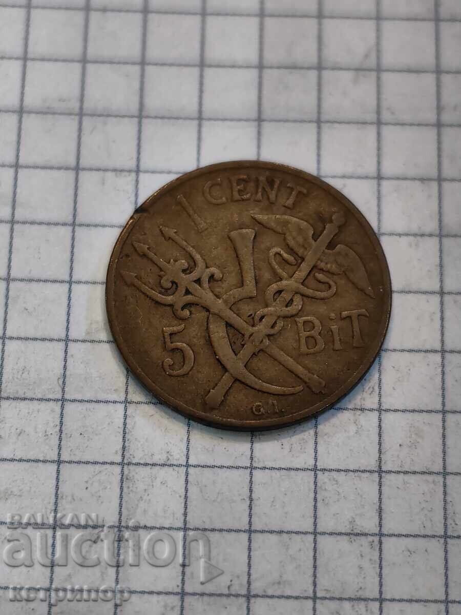 5 бит 1 цент 1905 г Датска Западна Индия мед 5 бит 1 цент 1905 г Датска Западна Индия мед