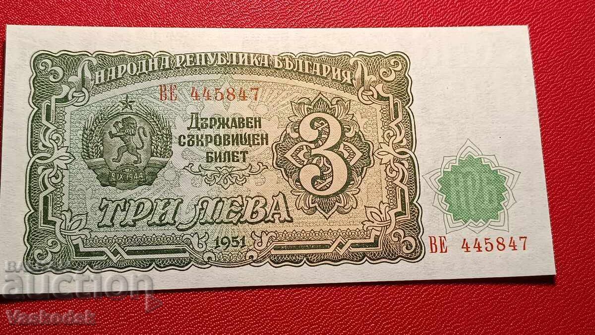 3 leva 1951 g UNC