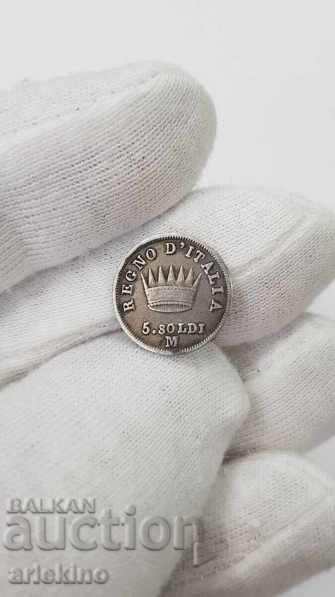 Rare Silver Coin 5 Soldi 1814 Napoleon Bonaparte Italy - 5