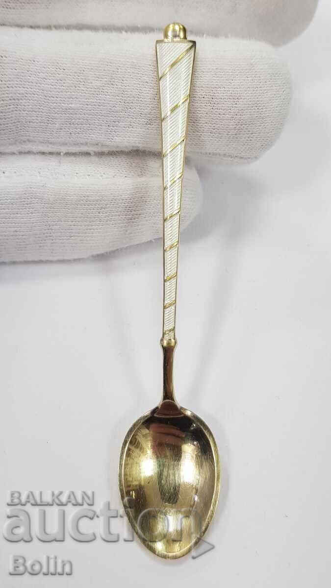 Linguriță argintată, aurită cu Email - Danemarca - Marcaj 925 - 7 Linguriță argintată, aurită cu Email - Danemarca - Marcaj 925 - 7