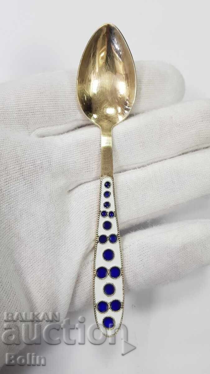 Доставка на Сребърна, позлатена лъжичка с Емайл СССР-РУСИЯ - 916 проба Доставка на Сребърна, позлатена лъжичка с Емайл СССР-РУСИЯ - 916 проба