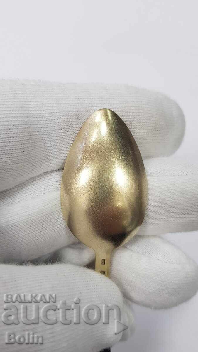 Сребърна, позлатена лъжичка с Емайл СССР-РУСИЯ - 916 проба - 6 Сребърна, позлатена лъжичка с Емайл СССР-РУСИЯ - 916 проба - 6