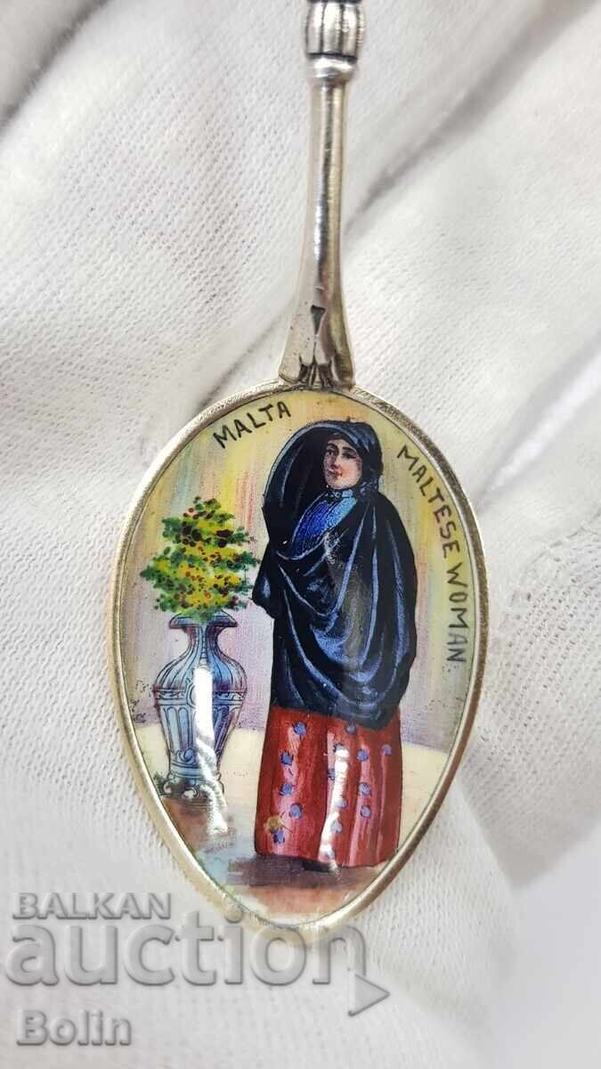 Linguriță argintată, aurită cu Email Pictural - Malta 800 pr - 7 Linguriță argintată, aurită cu Email Pictural - Malta 800 pr - 7