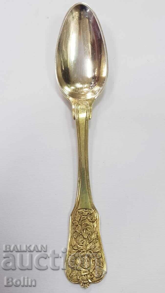 Доставка на Уникална Сребърна, Позлатена Лъжица с Глава - Франция 19 век Доставка на Уникална Сребърна, Позлатена Лъжица с Глава - Франция 19 век