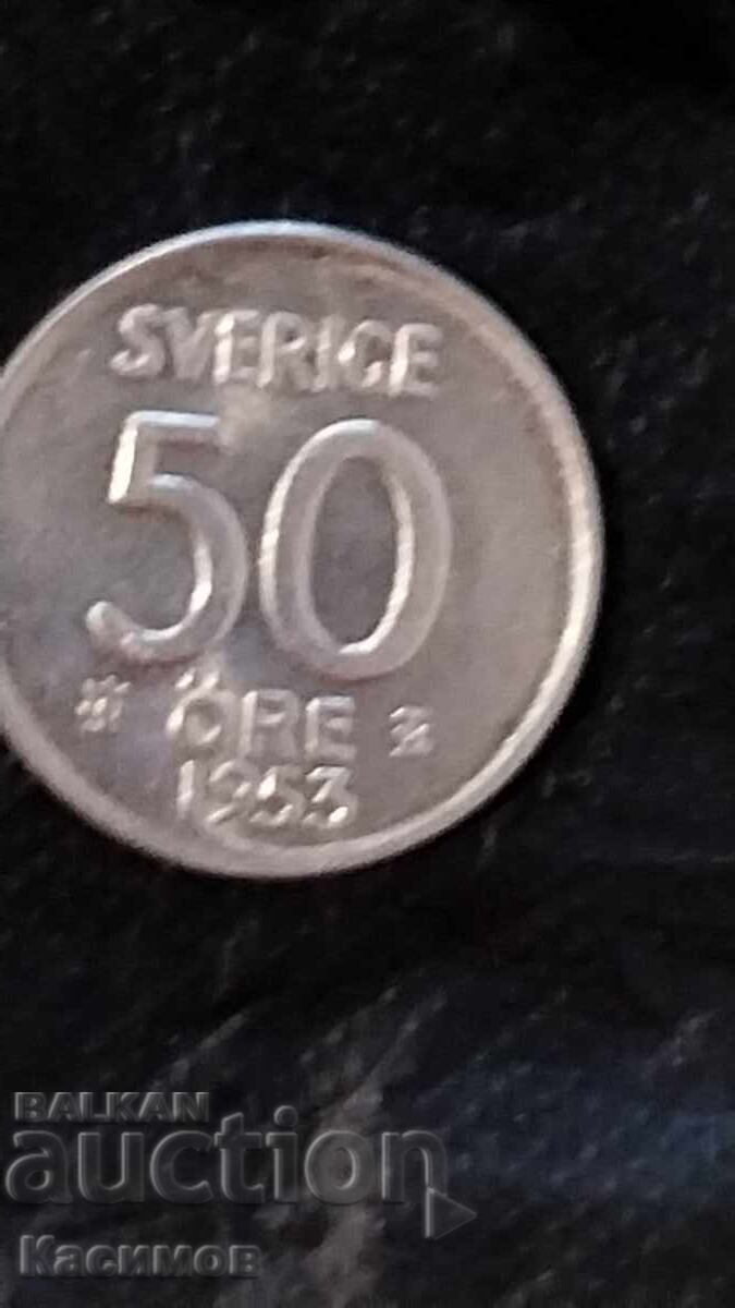 Стара сребърна монета от Швеция 50 йоре 1953 година