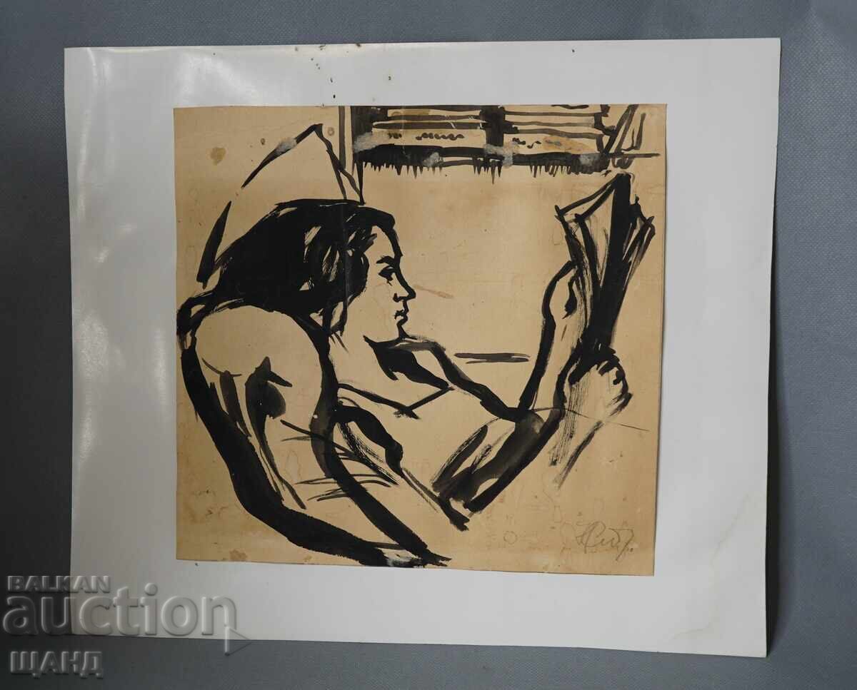 Стара Майсторска рисунка картина жена чете