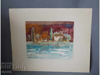 Pictură veche de maestru, acuarelă, peisaj