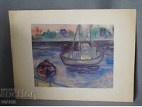 Стара Майсторска рисунка картина акварел морски пейзаж лодка