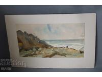 Pictură veche de maestru, acuarelă, peisaj marin