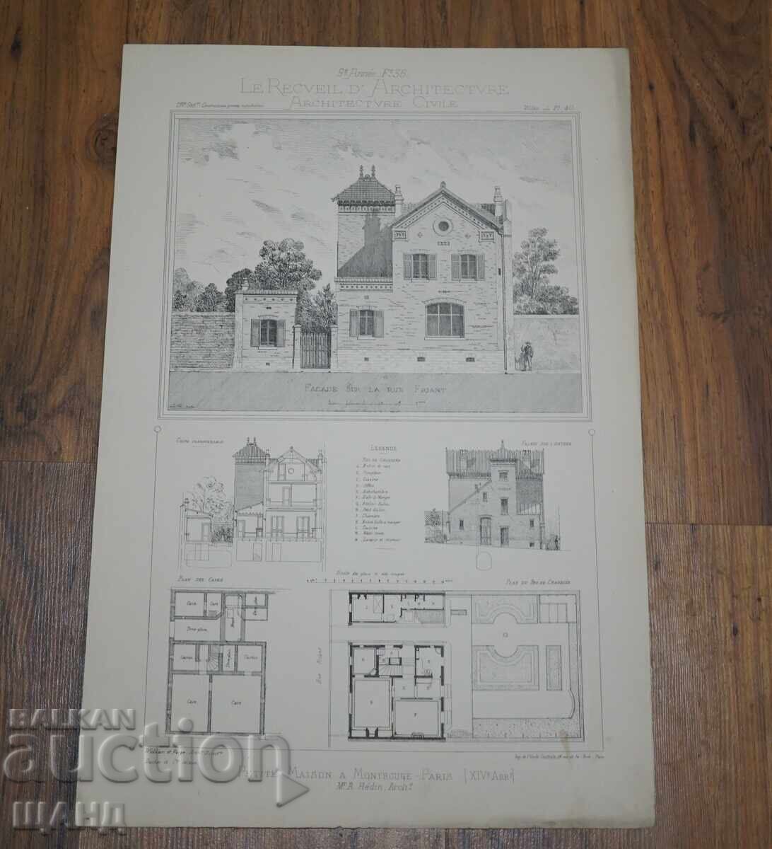 1900 Франция архитектурна литография на къща сграда с цена € 2.60 | 5.09 лв.