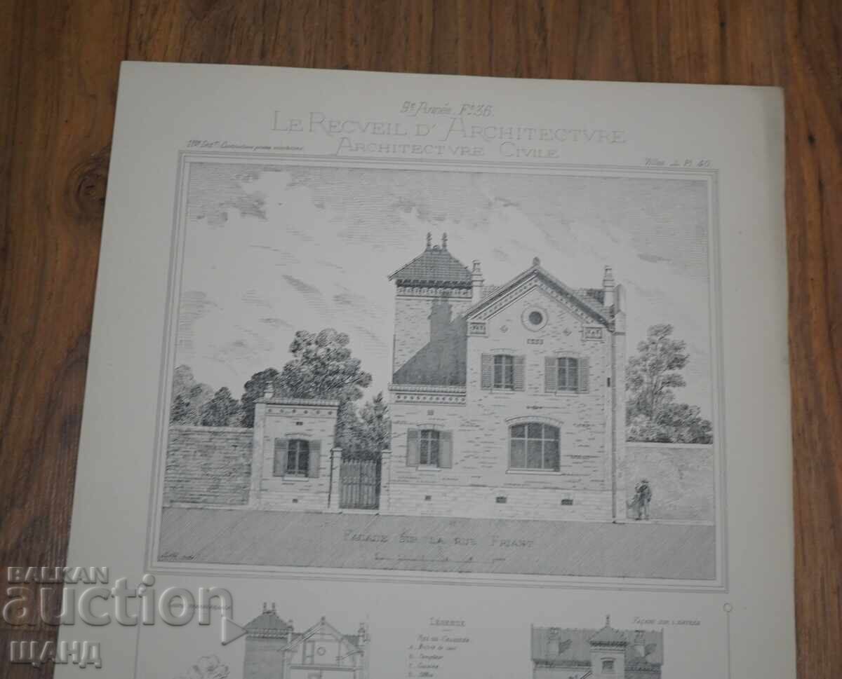 1900 Франция архитектурна литография на къща сграда