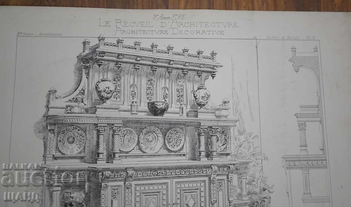 1900 Γαλλική αρχιτεκτονική λιθογραφία οικίας μπουφέ