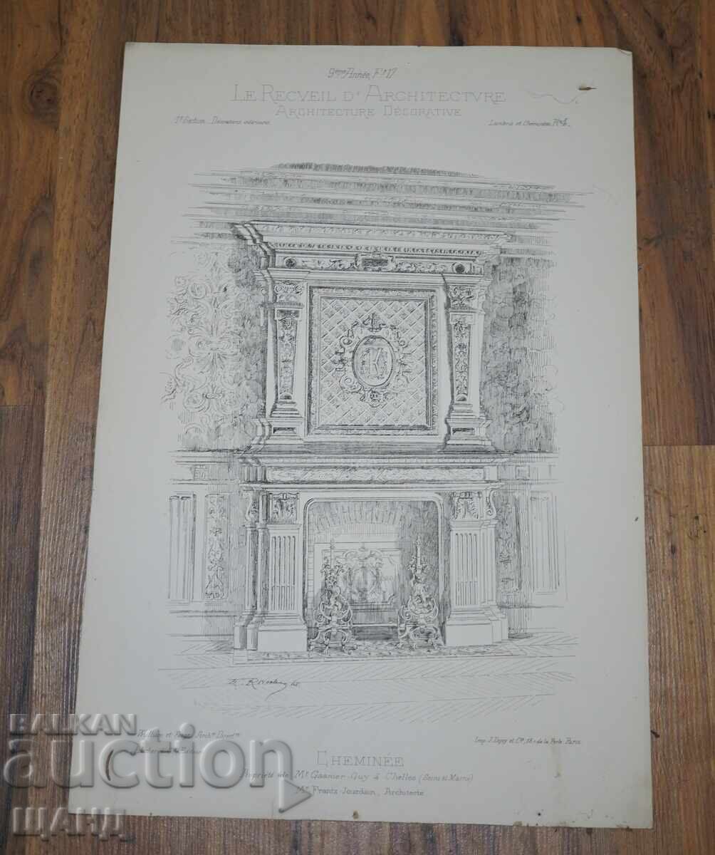 1900 Франция архитектурна литография на къща бюфет