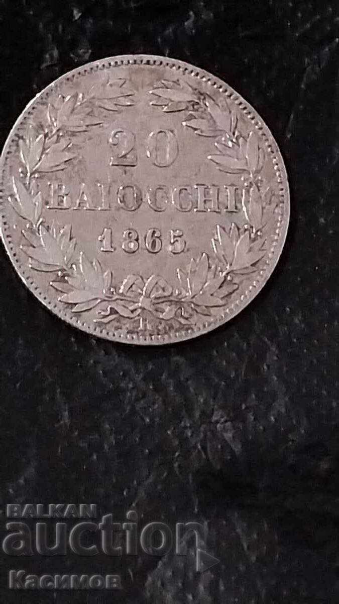 Παλαιό ασημένιο νόμισμα Παπικού κράτους 20 Μπατότσι 1865
