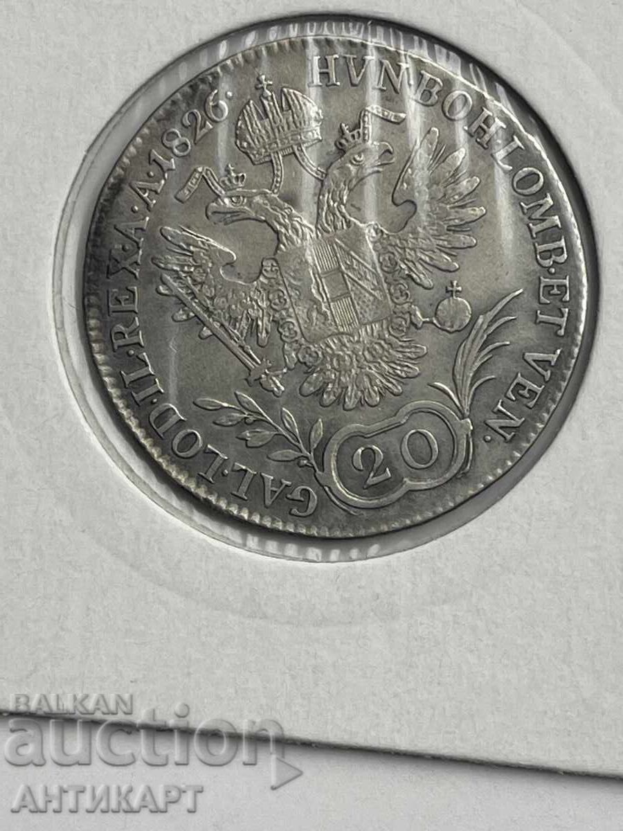 рядка сребърна монета Австрия 20 кройцера 1826