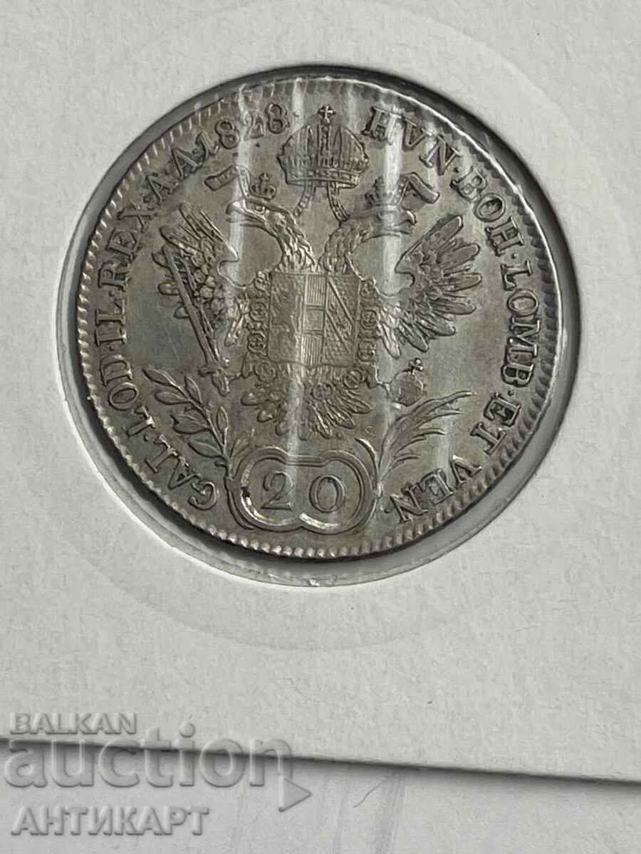 Monedă rară de argint Austria 20 Kreuzer 1828 Monedă rară de argint Austria 20 Kreuzer 1828