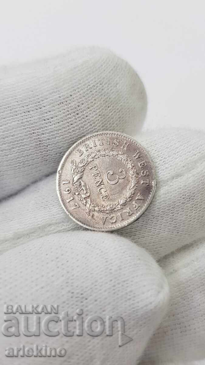Παράδοση Srebŭrια σπάνιο νόμισμα 3 πένες 1917 Βρετανική Δυτική Αφρική
