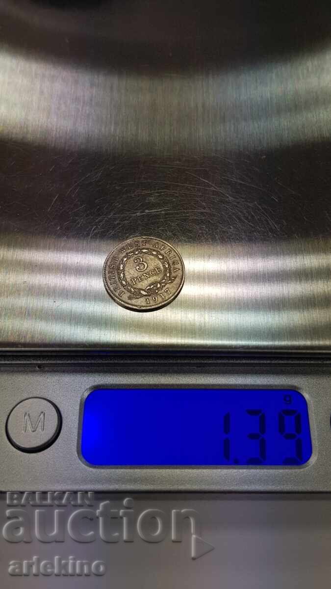 Srebŭrια σπάνιο νόμισμα 3 πένες 1917 Βρετανική Δυτική Αφρική - 6