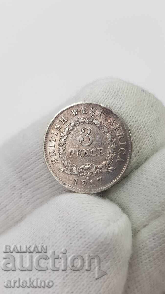 Srebŭrια σπάνιο νόμισμα 3 πένες 1917 Βρετανική Δυτική Αφρική