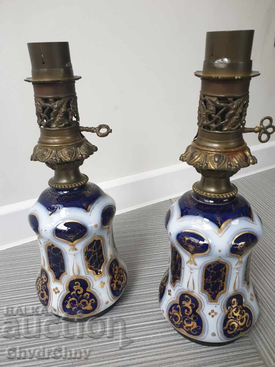 Două lămpi de gaz vechi din porțelan francez, 36 cm, pereche