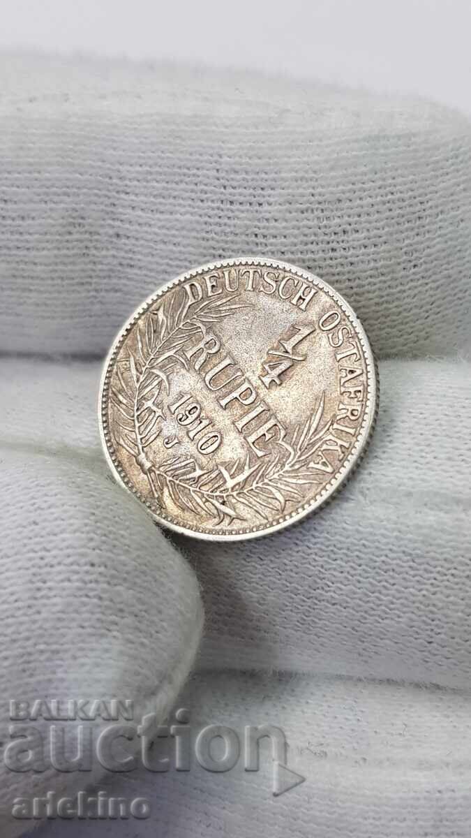 Аукцион Рядка сребърна монета 1/4 Рупеи 1910 , Германия, Африка Аукцион Рядка сребърна монета 1/4 Рупеи 1910 , Германия, Африка