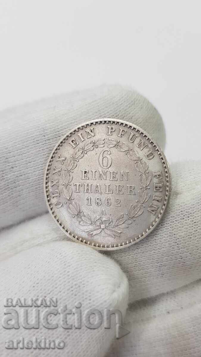 Srebŭrna moneta 1/6 Taler 1862 BERNBURG Germaniya (ryadka)