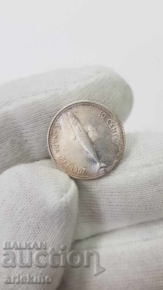 Δημοπρασία Σπάνιο ασημένιο νόμισμα 10 λεπτών 1867 - 1967 - Καναδάς