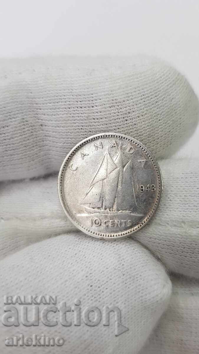Σπάνιο ασημένιο νόμισμα 10 λεπτών 1943 Καναδά με τιμή € 14.00 | 27.38 BGN