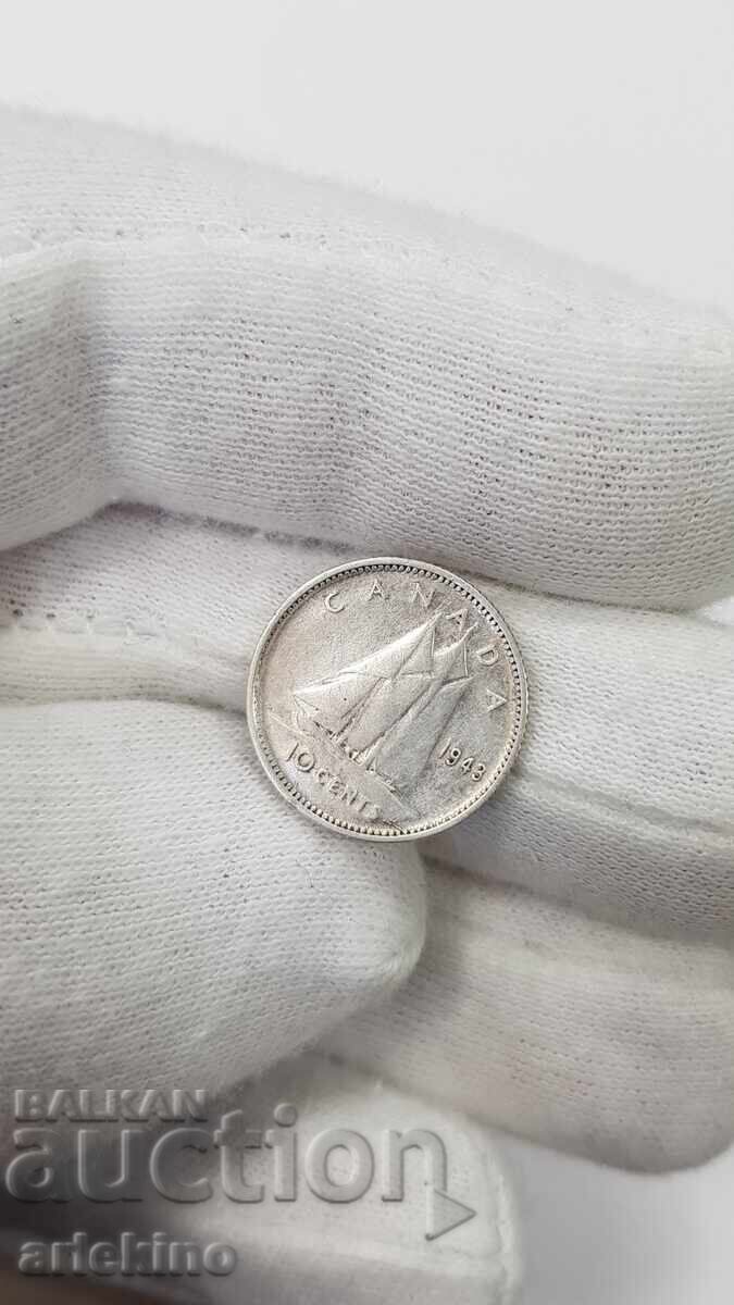 Παράδοση Σπάνιο ασημένιο νόμισμα 10 λεπτών 1943 Καναδά