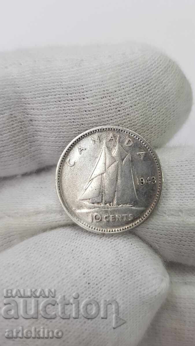 Σπάνιο ασημένιο νόμισμα 10 λεπτών 1943 Καναδά