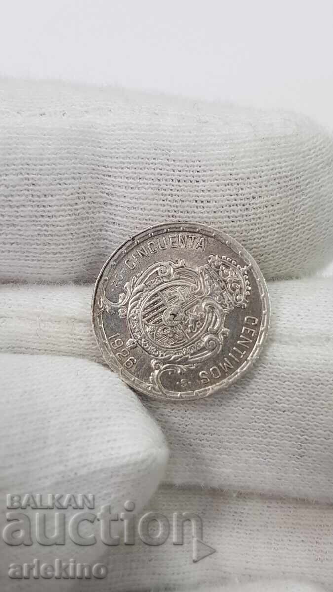 Auction Collectible Silver Coin 50 centimos 1926 Auction Collectible Silver Coin 50 centimos 1926