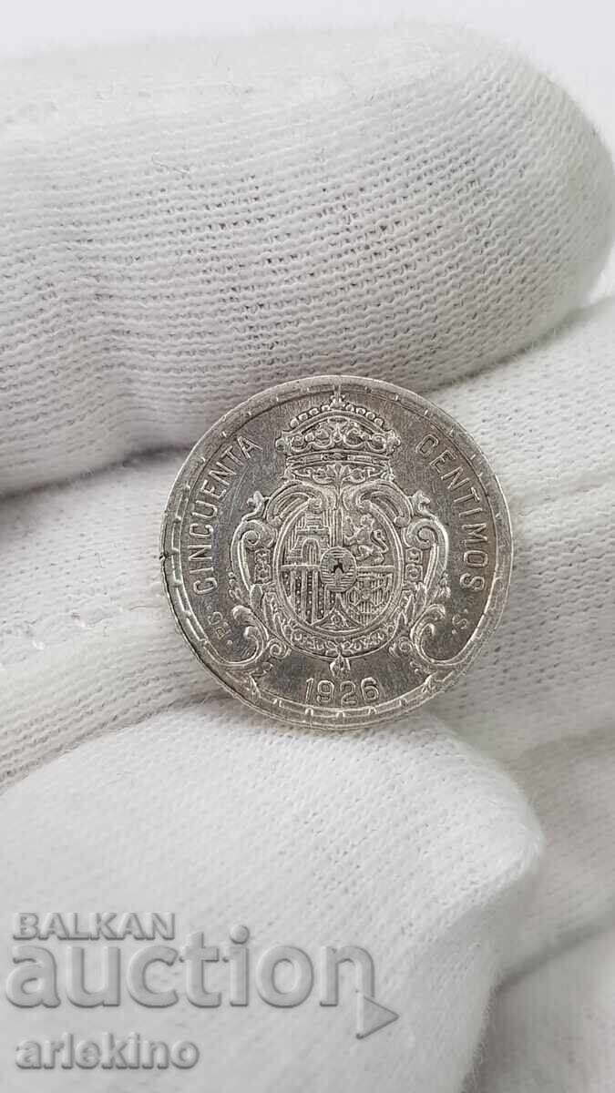 Collectible Silver Coin 50 centimos 1926 Collectible Silver Coin 50 centimos 1926