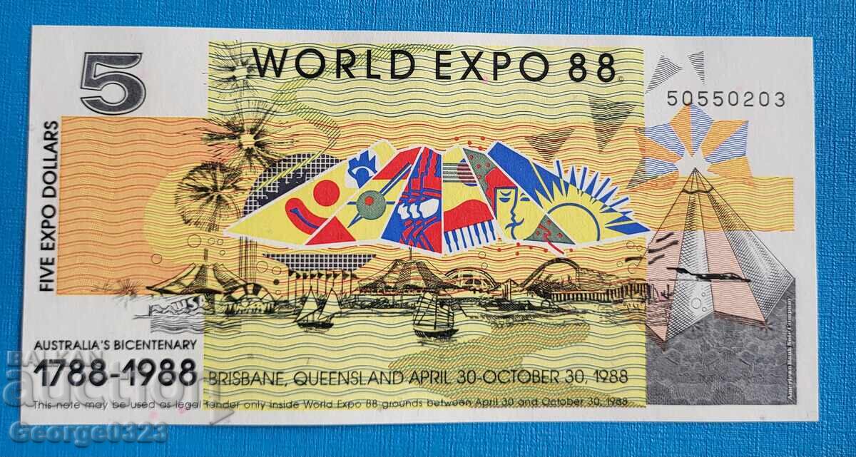 Australia 1988 5 expo dollars UNC New