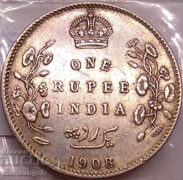 1 Рупия 1908 Индия Англия Едвард VII 11,6г 917 проба сребро - 7