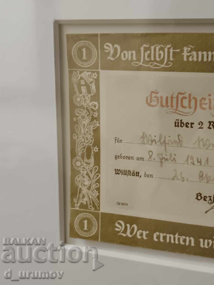 Licitație Vouchere de economii germane pentru nașterea unui copil - Al Treilea Reich. RARE