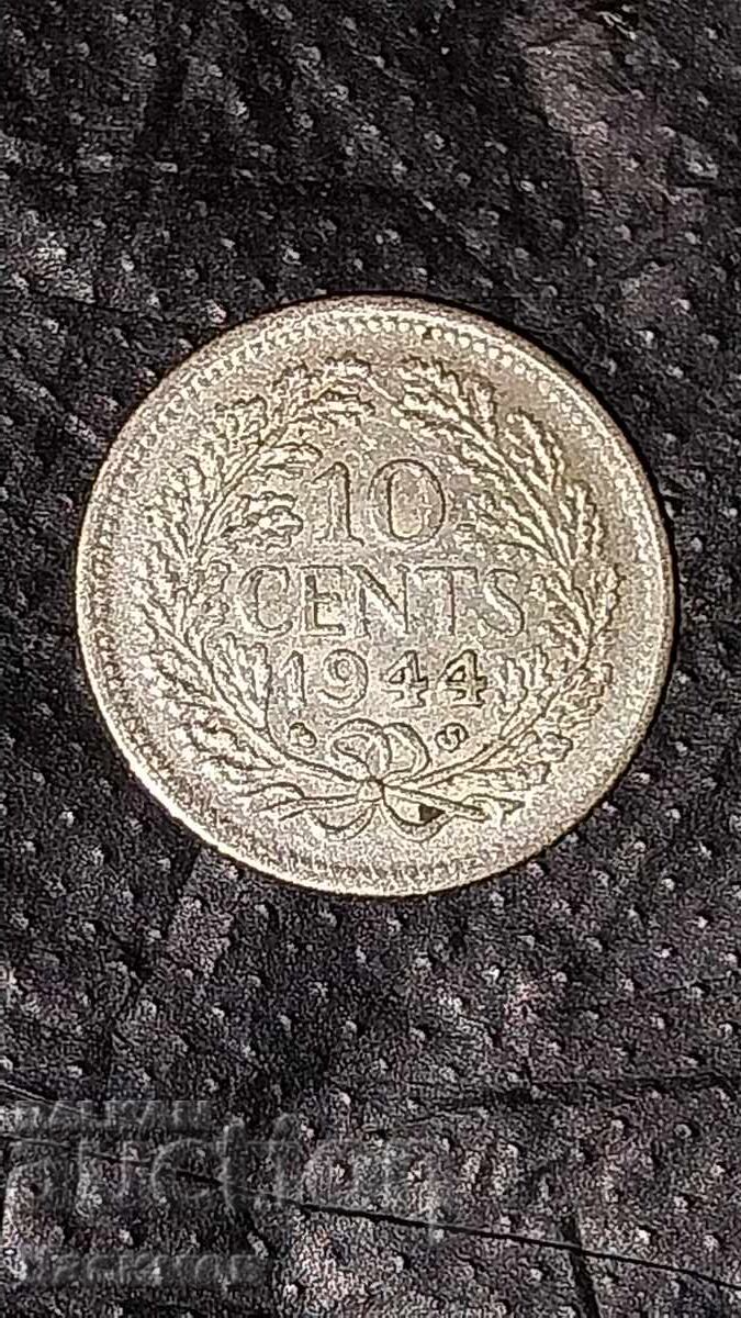 Monedă veche rară de argint din Țările de Jos 10 Cenți 19