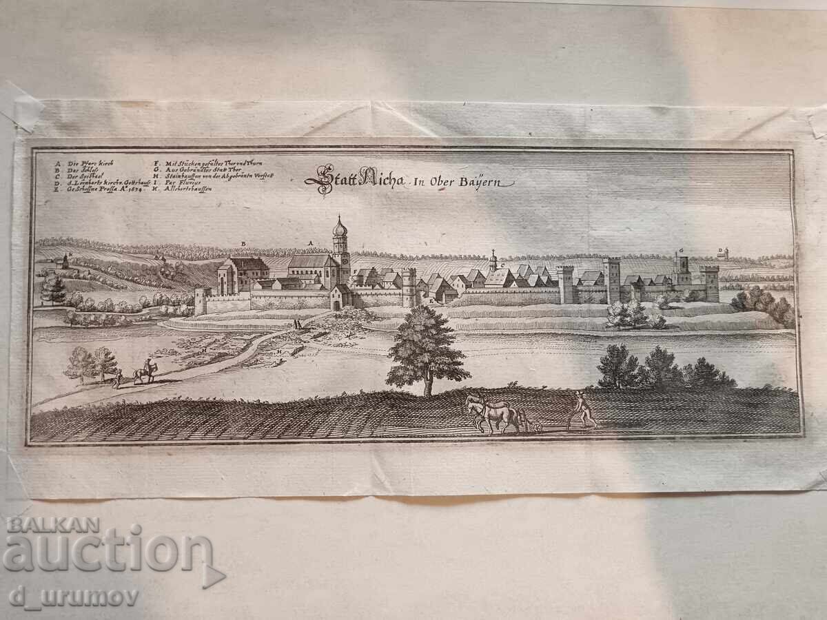 Engraving from the 17th century – Statt Aicha in Upper Bavaria by M. Merian with price € 50.00 | 97.79 BGN