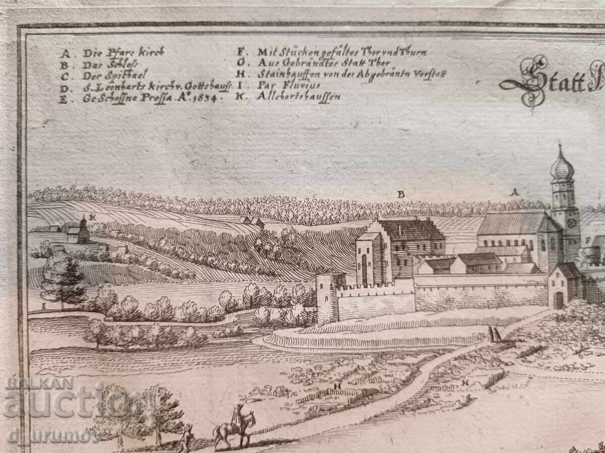 Auction  Engraving from the 17th century – Statt Aicha in Upper Bavaria by M. Merian