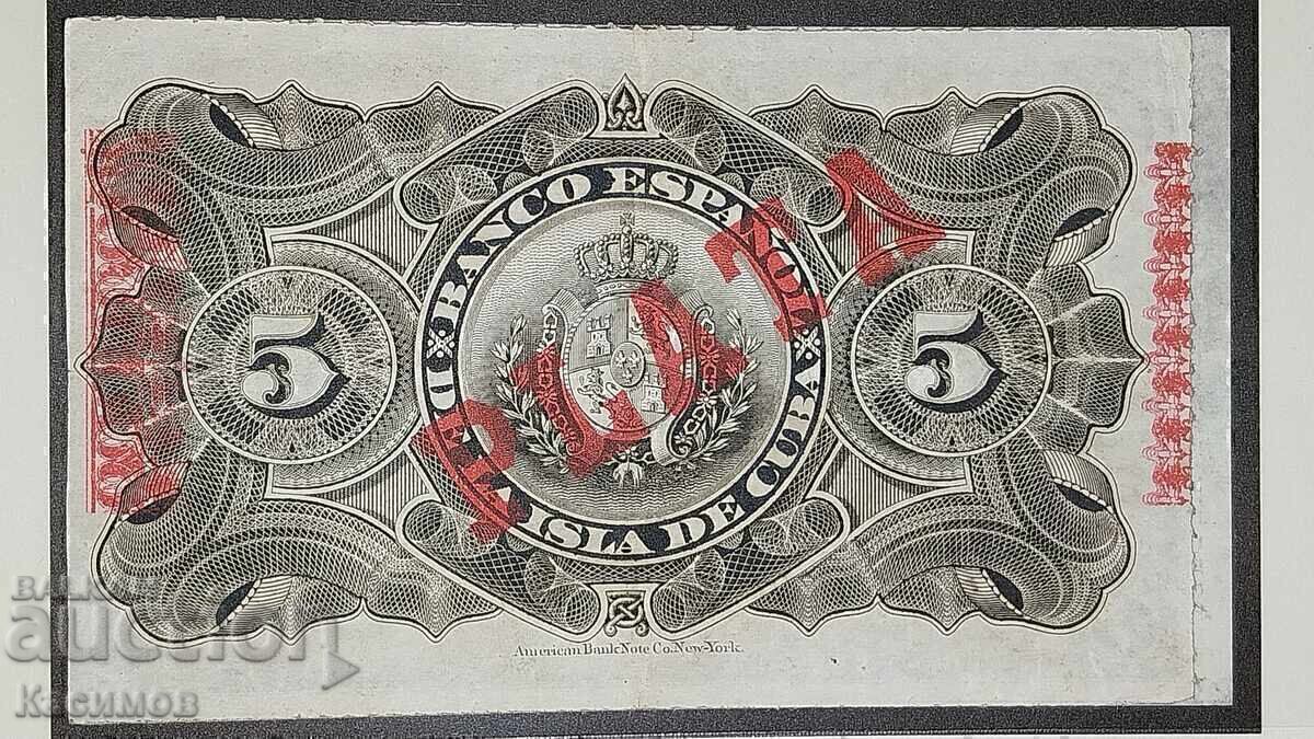 Bancnotă foarte rară din Cuba 5 Pesos 1896 cu preț € 25.00 | 48.90 BGN