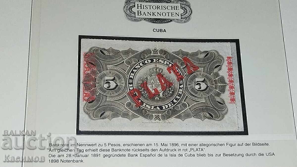 Livrarea Bancnotă foarte rară din Cuba 5 Pesos 1896
