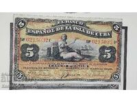 Bancnotă foarte rară din Cuba 5 Pesos 1896