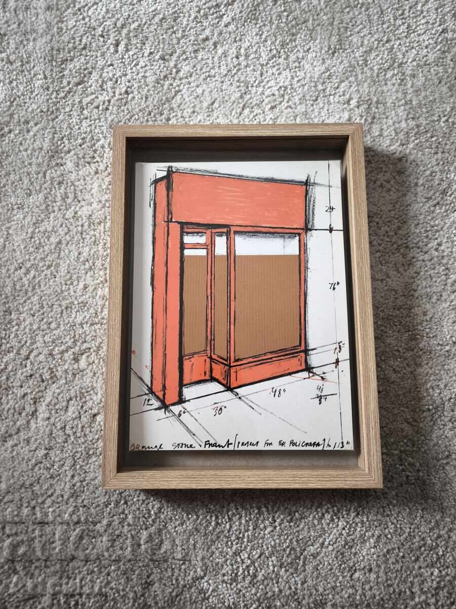 Vitrină de magazin portocalie - litografie cu colaj Christo/Hristo Yavachev - 6 Vitrină de magazin portocalie - litografie cu colaj Christo/Hristo Yavachev - 6