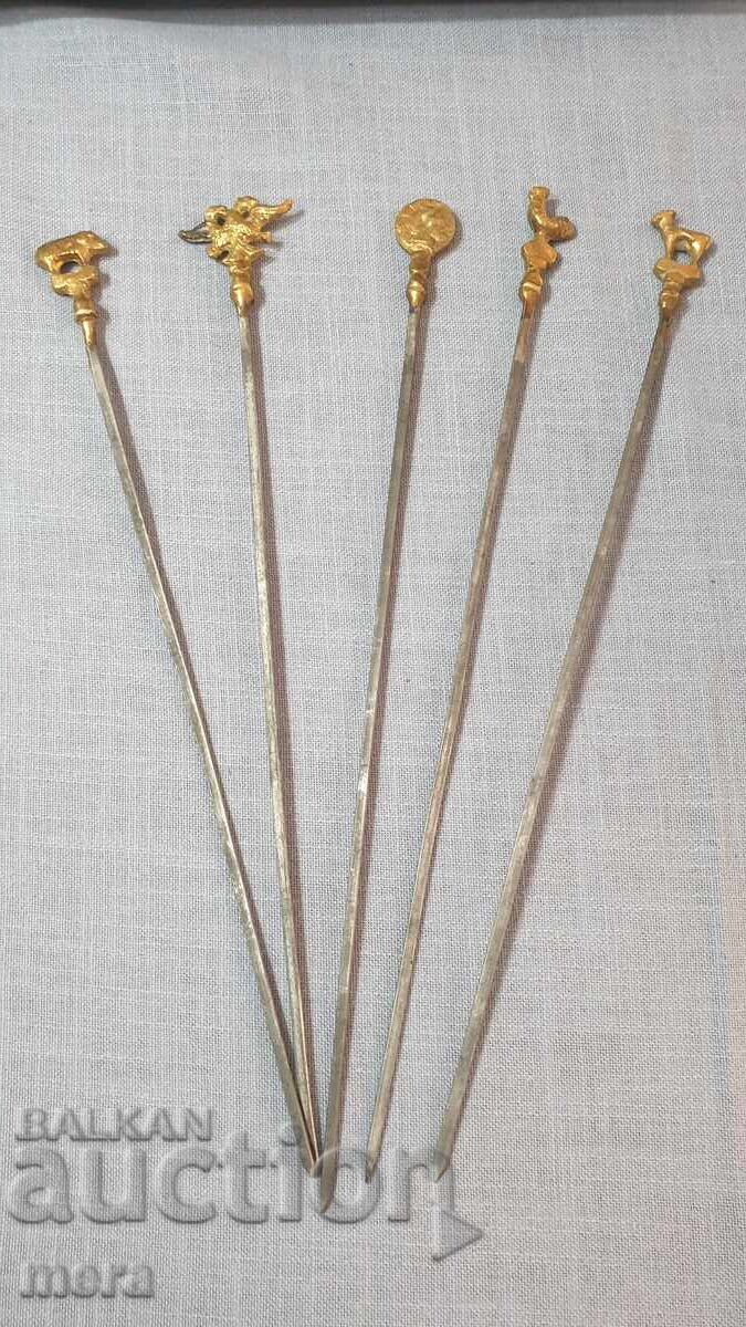 Стоманени шишове за барбекю с месингови накрайници-орнаменти