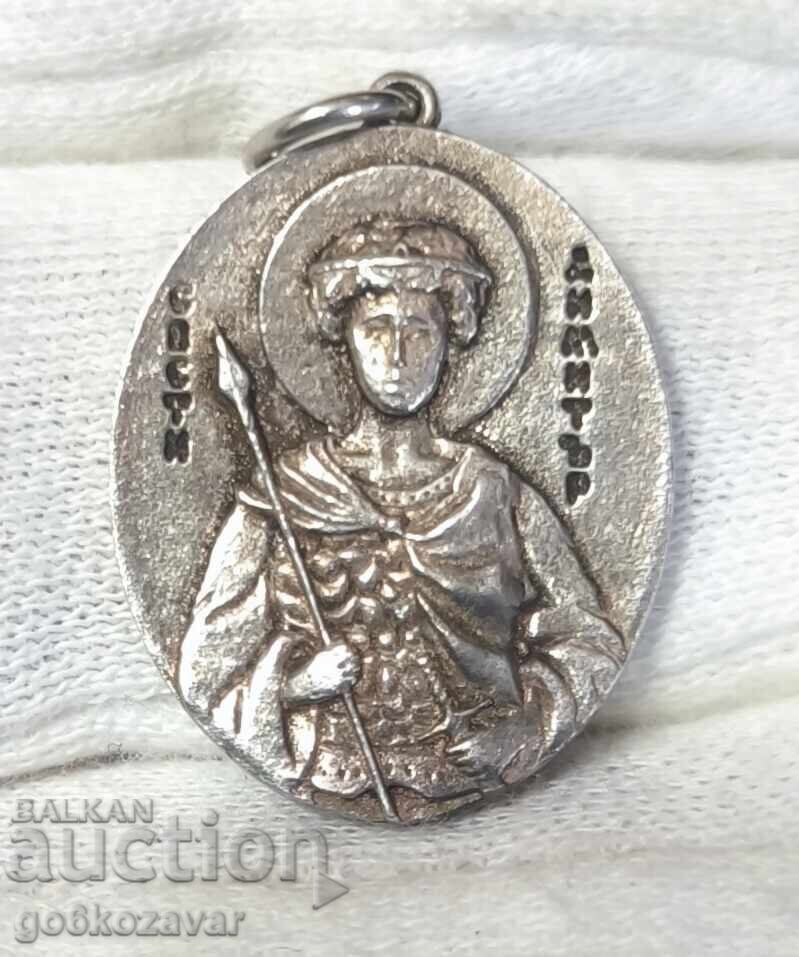 Medalion argint vechi Sf. Dumitru, probă mare, lucrat manual