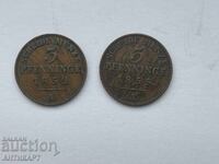 Germany 2 coins of 3 pfennigs 1852, 1855 excellent