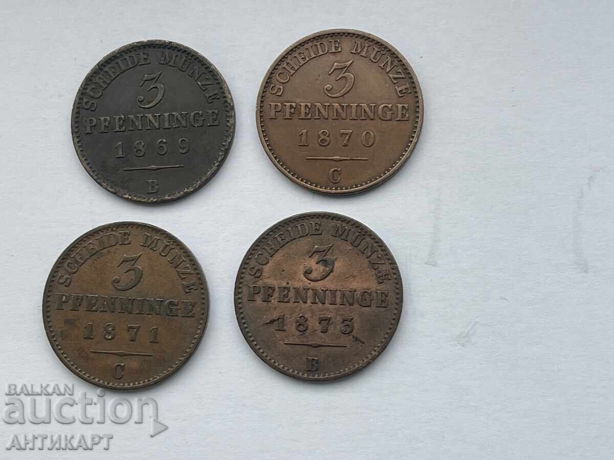 Germany 4 coins of 3 pfennigs 1869, 1870, 1871, 1873
