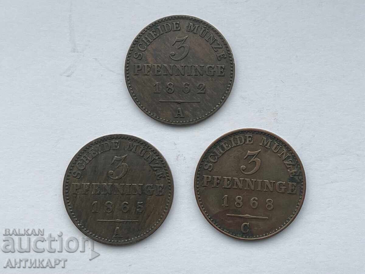 Γερμανία 3 νομίσματα των 3 pfenning 1862,1865,1868 άριστα Γερμανία 3 νομίσματα των 3 pfenning 1862,1865,1868 άριστα