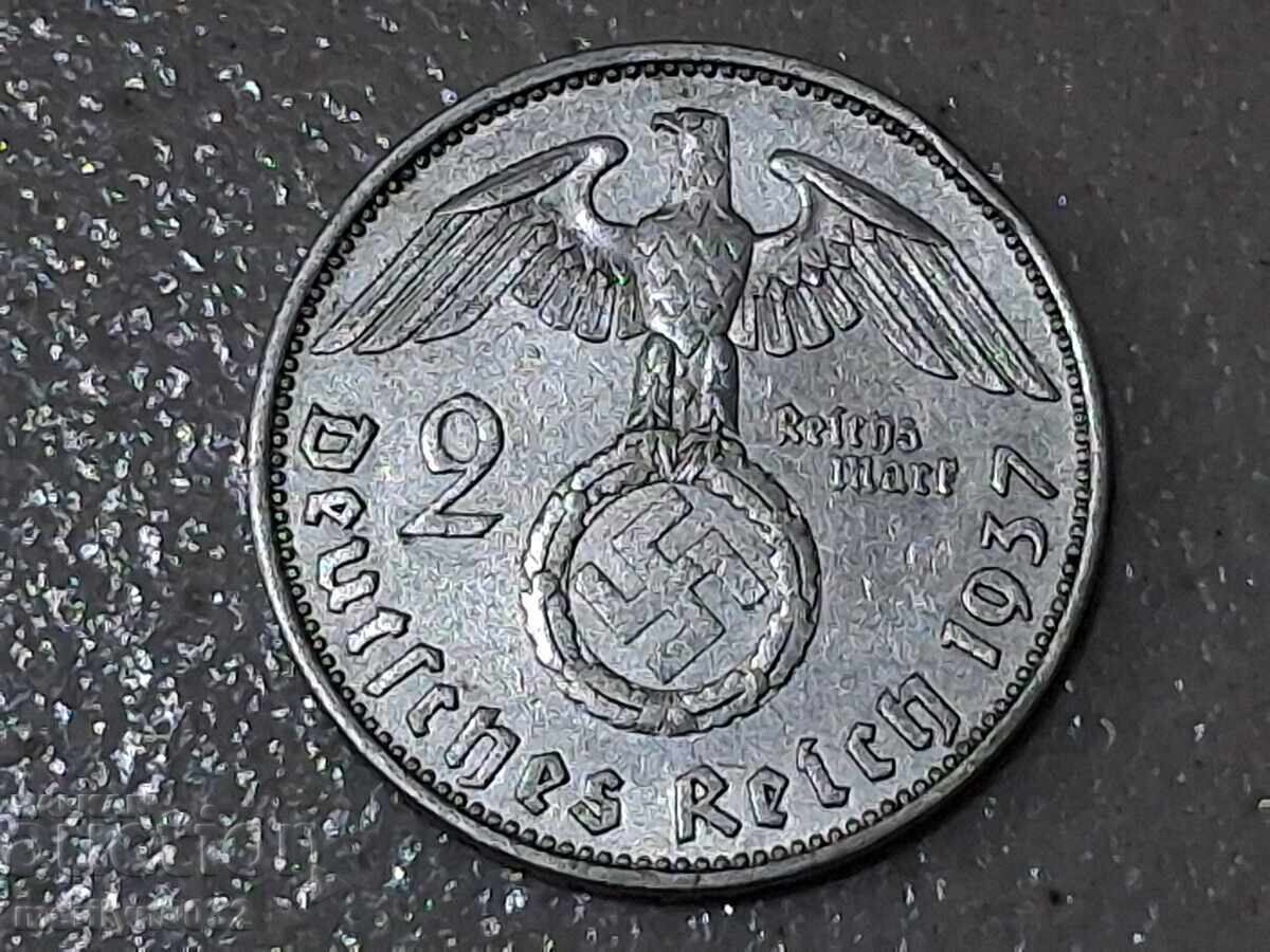 Монета 2 марки 1937 Германия Трети райх сребро Монета 2 марки 1937 Германия Трети райх сребро
