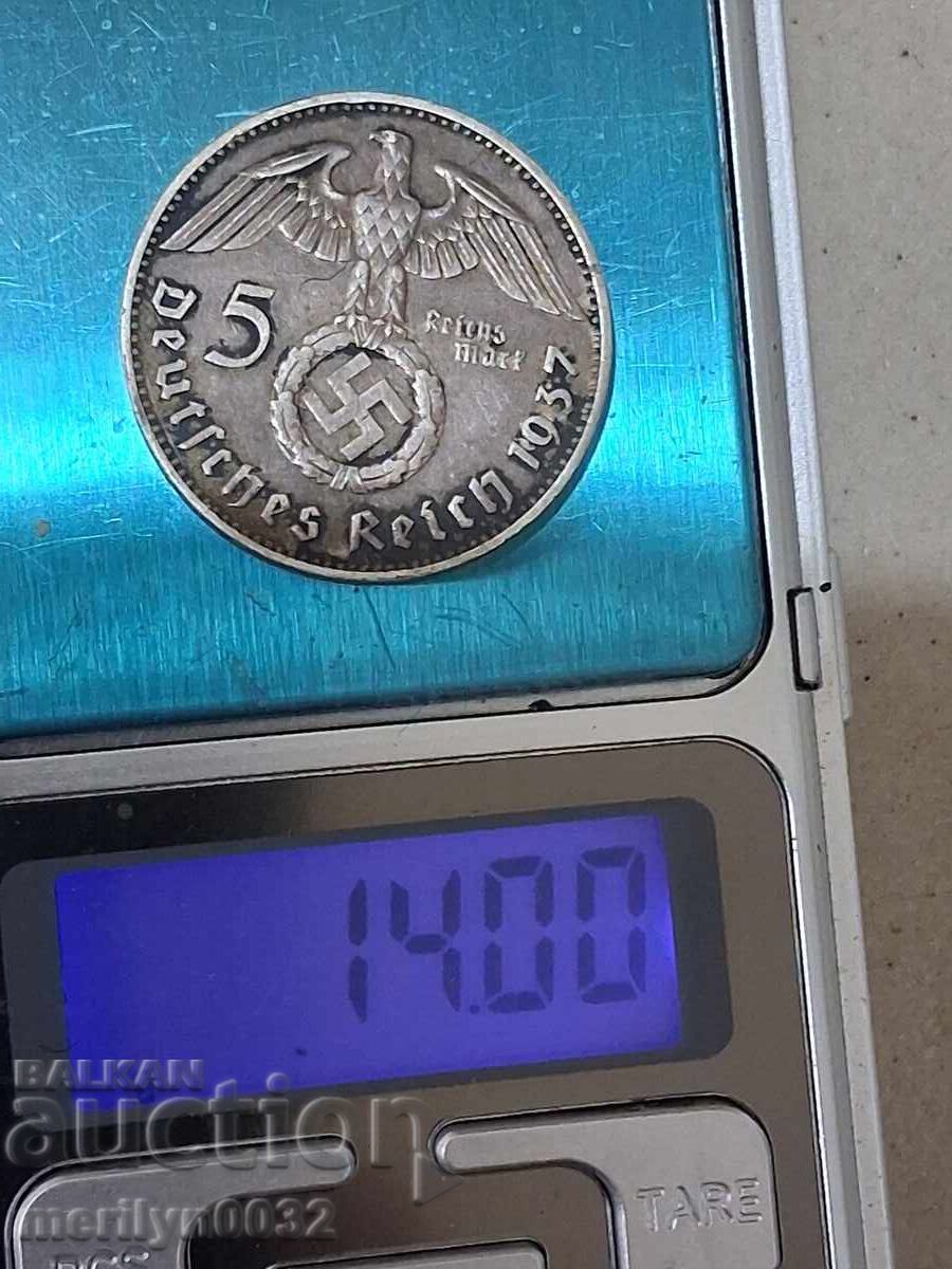 Монета 5 марки 1937 Германия Трети райх сребро - 5 Монета 5 марки 1937 Германия Трети райх сребро - 5