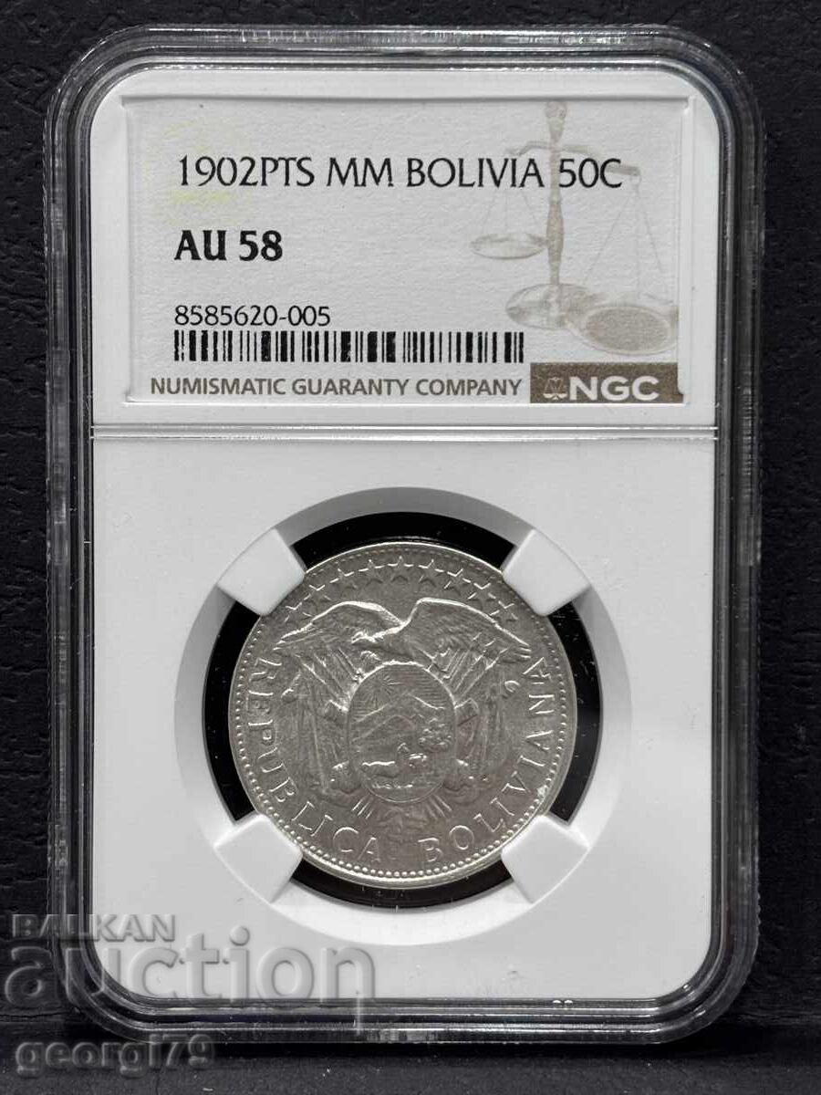 50 центавос 1902 Боливия NGC AU 58 50 центавос 1902 Боливия NGC AU 58